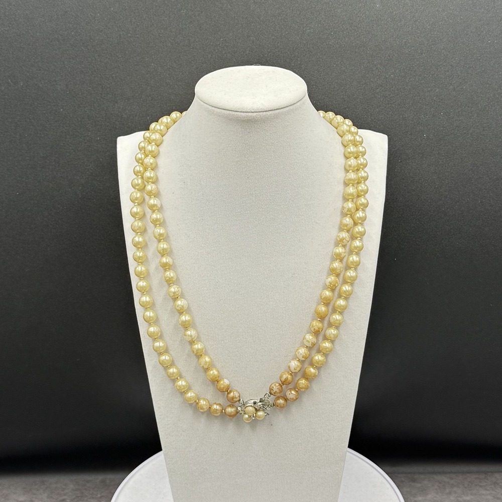 Vintage Cream Faux Pearl Marbled Round Bead Double Strand Necklace Floral Clasp